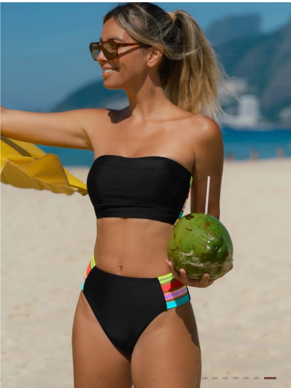 Black Bandeau High-Waist Bikini with Multicolor Side Straps